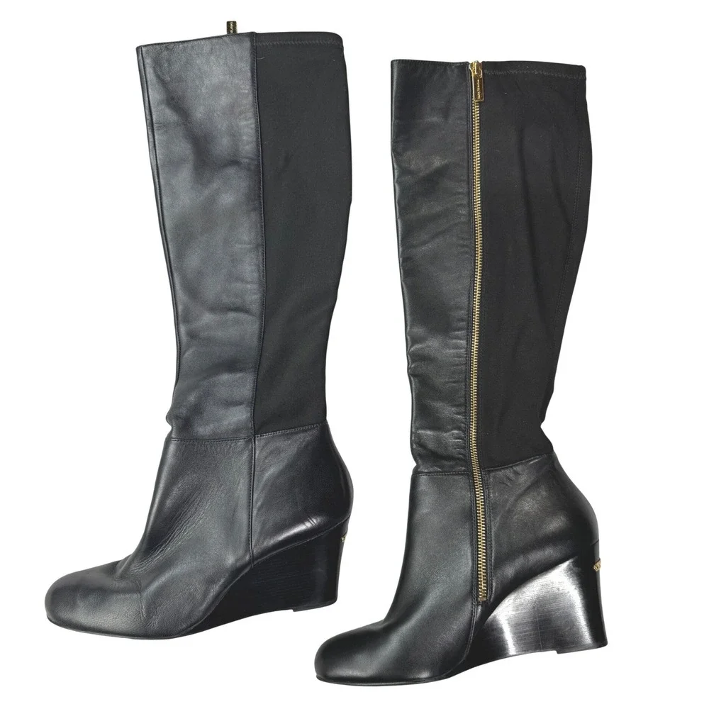 Michael Kors Arley Black Leather Stretch Back Wedge Tall Boots Gold Zip Size 9M